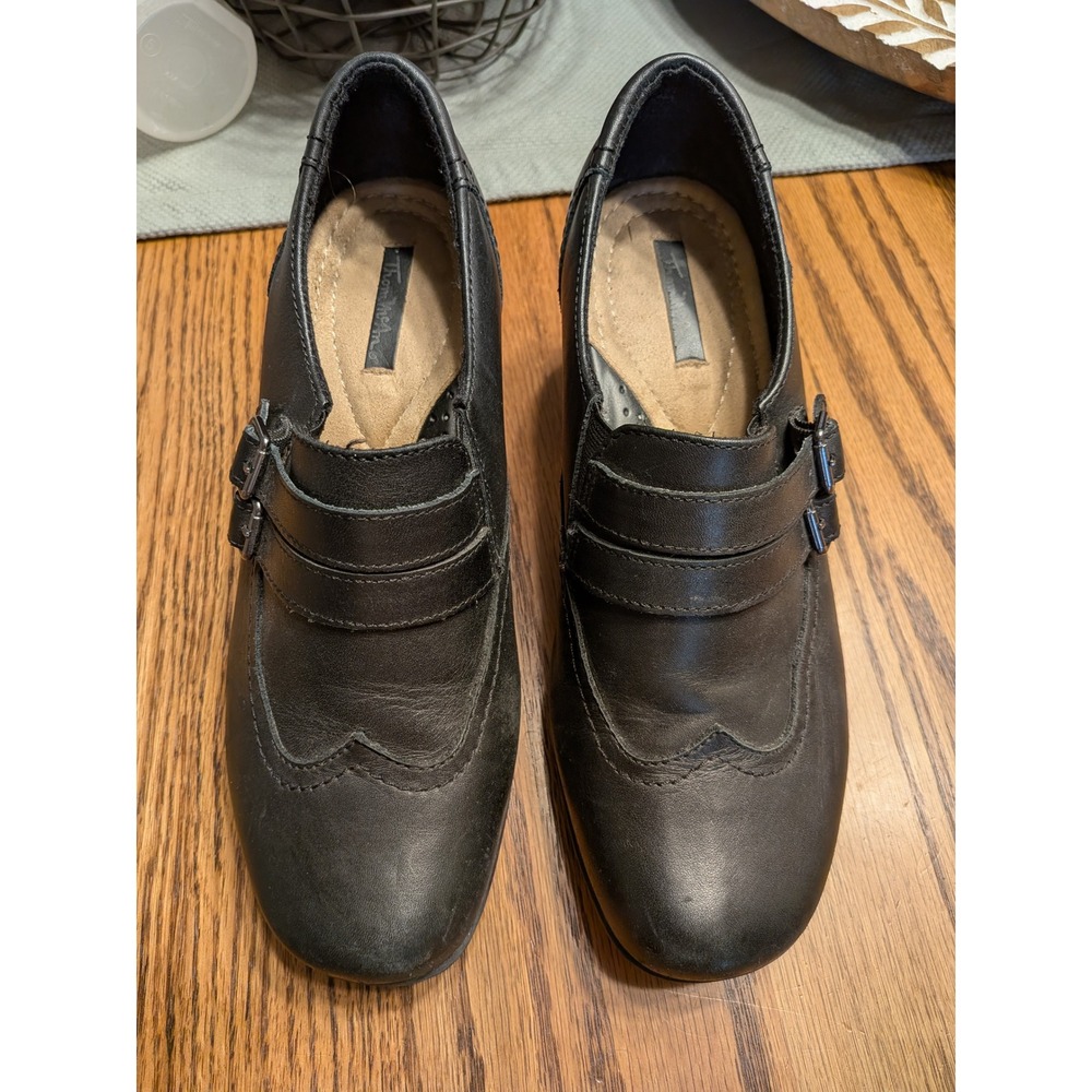 Thom McAn Womens Black Leather Wingtip Block Heel Buckle Loafers‎ Shoes